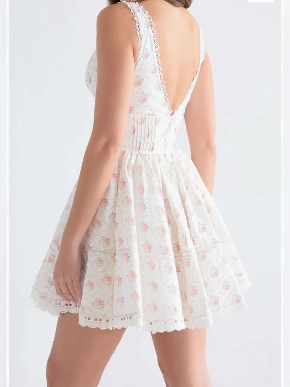 House of CB “Salma” Floral Lace-Trim Mini A-line Dress White with Pink Roses - Picture 2 of 15